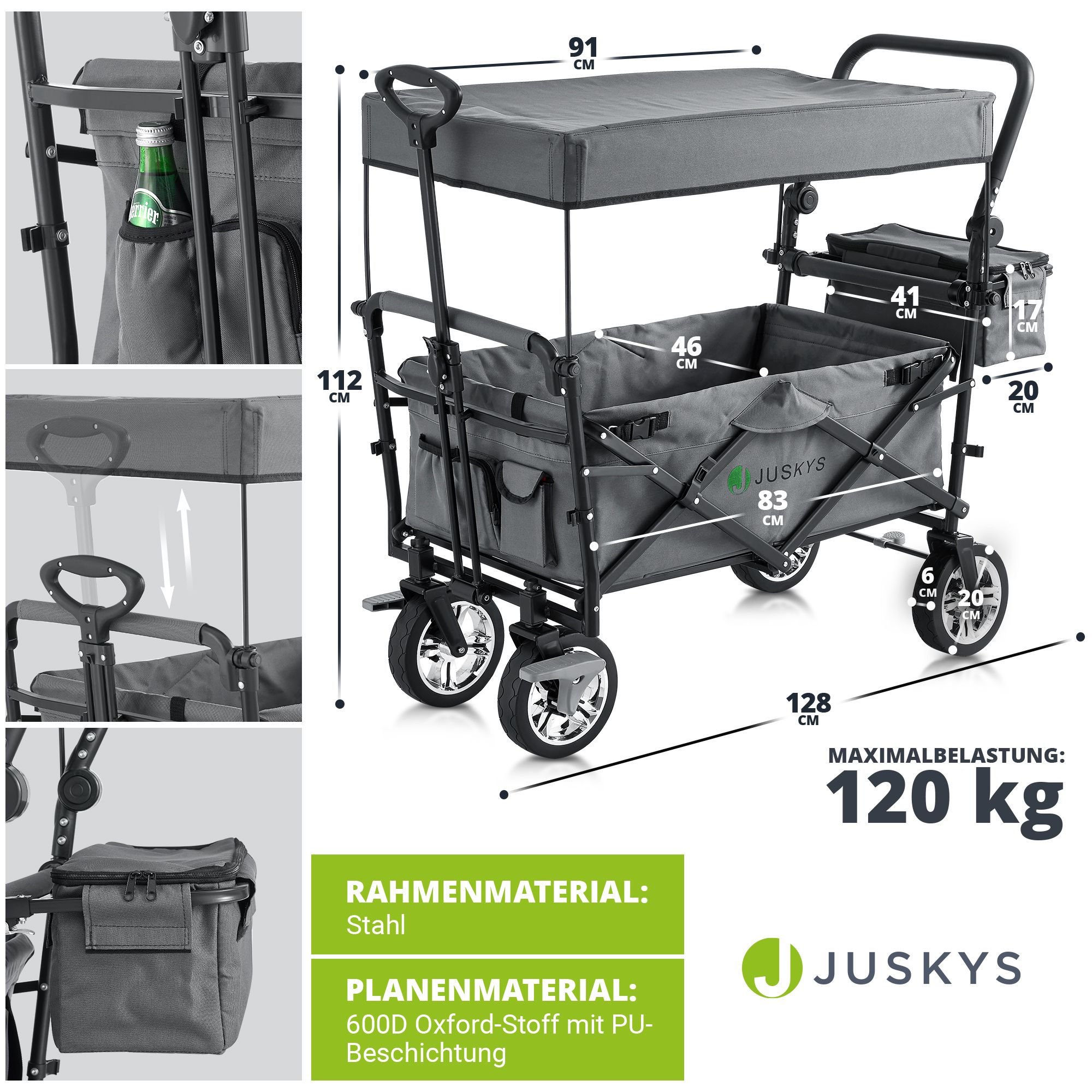 Juskys Bollerwagen mit Dach & Tasche - Wagen bis 120 kg belastbar - Handwagen faltbar - Dunkelgrau