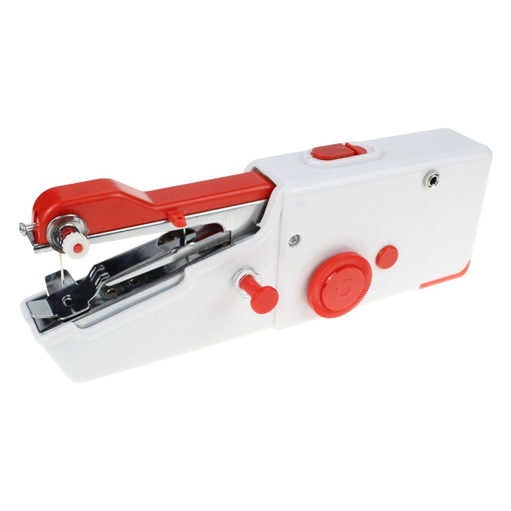 (27-tlg. Set) Mini Handnähmaschine   Mercerie Zubehör für Stoff / Leder / Jeans (Batteriebetrieben) - Weiss / Rot