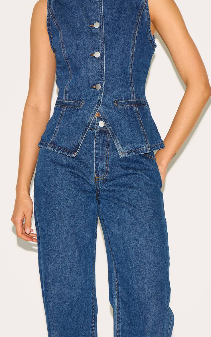 Bleu Foncé Jean Droit Taille Mi-haute