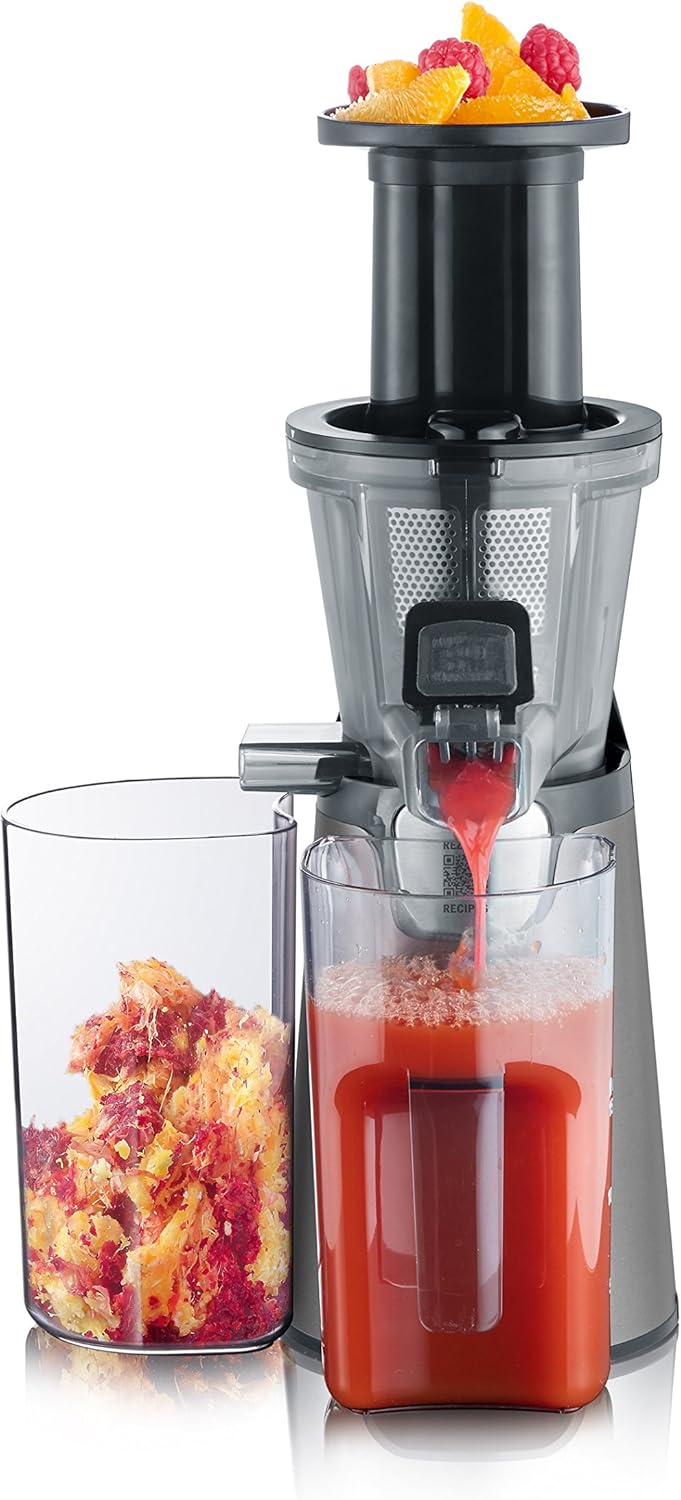 SEVERIN Slow Juicer – Entsafter für Saft, Sorbet, Eis, Marmelade uvm., elektrische Saftpresse aus Edelstahl, einfache Reinigung dank Easy-Clean Konzept, 1L Auffangbehälter, 150 Watt, ES 3571