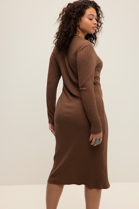 Midikleid, Slim Shape, Rippjersey, V-Ausschnitt, Langarm