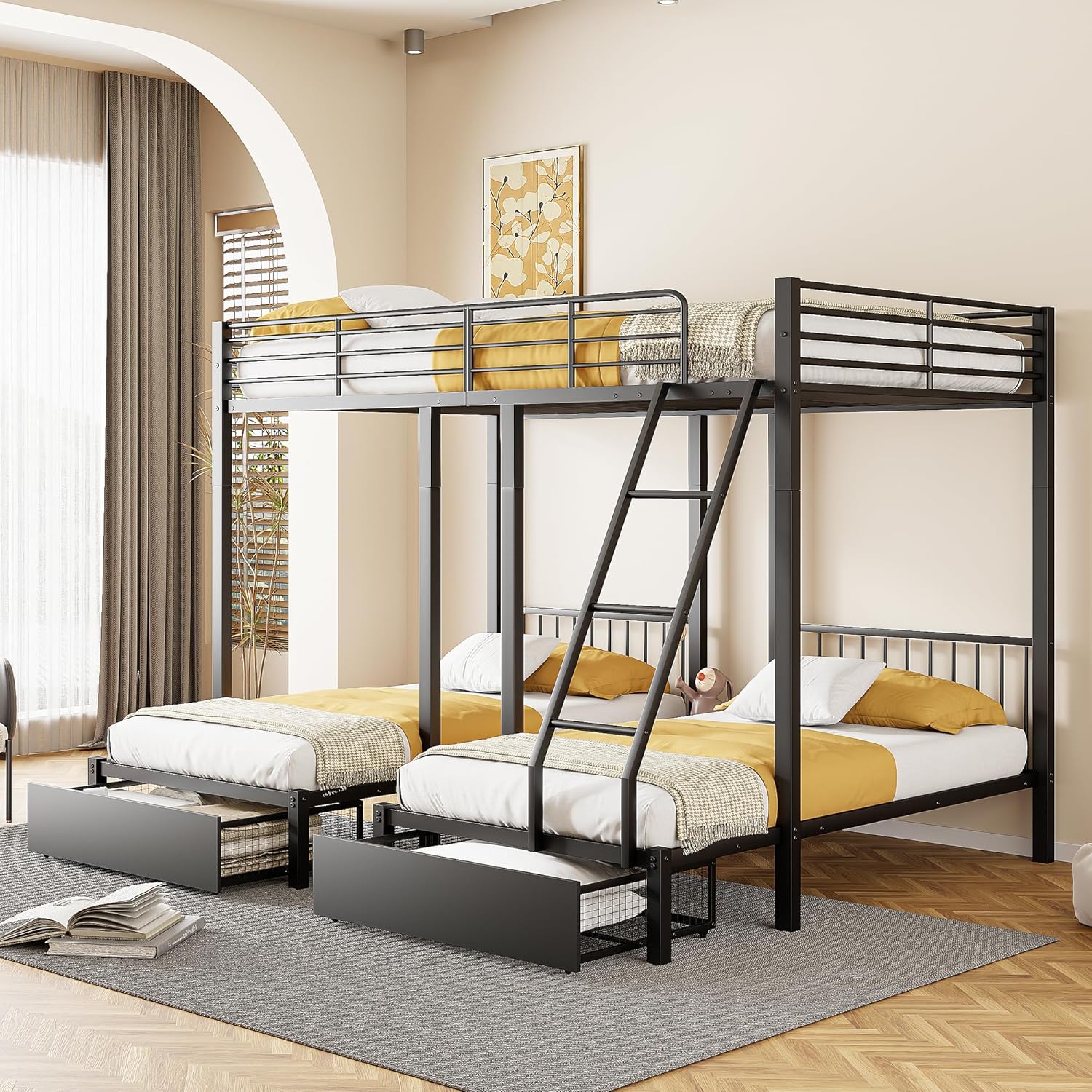 Soweiz Dreifaches Etagenbett mit Schubladen, Metallbettrahmen, umwandelbar in 140 x 200 Doppelbett und Zwei 90 x 200 Einzelbetten, multifunktionales Metallrahmenbett (Schwarz)