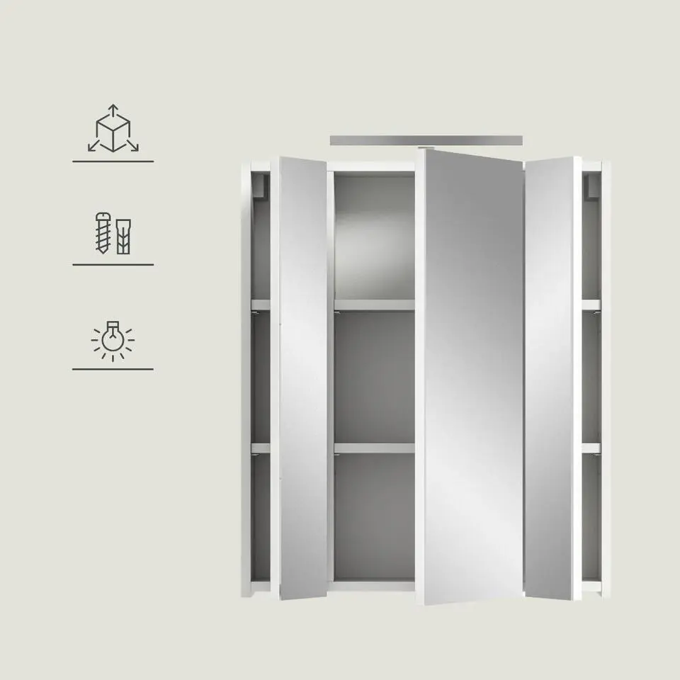 Hioshop Ice spiegelkast inclusief verlichting 3 spiegeldeuren wit hoogglans-
