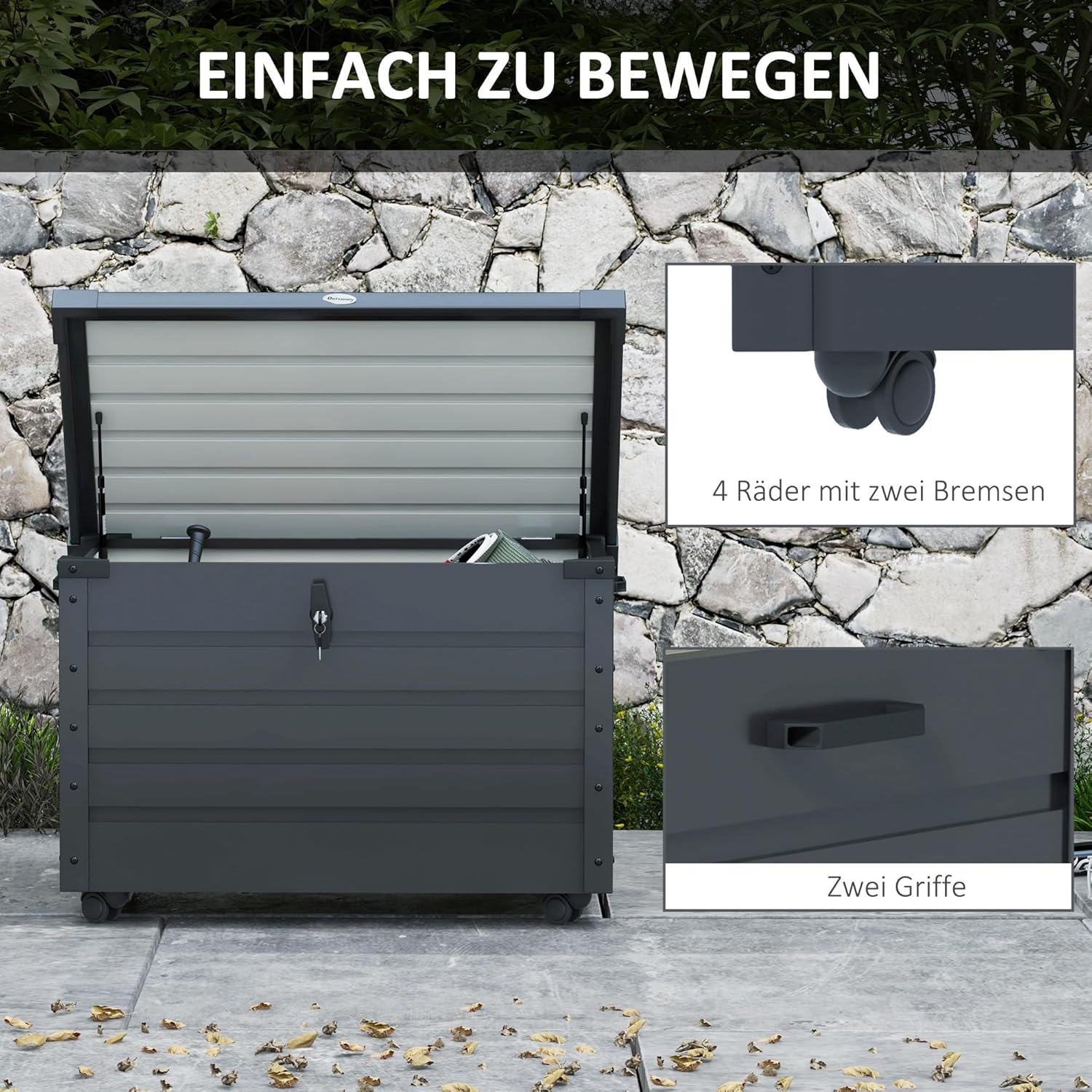 Outsunny Gartenbox Metall 295 Liter Auflagenbox mit Griffen Rollen Schloss Wasserdicht Abschließbar Gartentruhe Outdoor Kissenbox wetterfest Aufbewahrungsbox für Garten Balkon 100 x 62cm Dunkelgrau