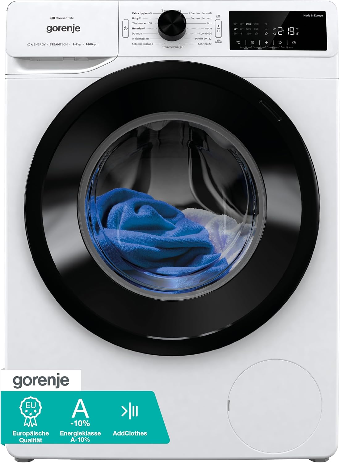 Gorenje WPAM94A1T Waschmachine mit Dampffunktion/ConnectLife / 9Kg / 1400 U/min / 15 Programme/Totaler AquaStop/Wave Active Trommel/ExtraHygiene/PowerWash/Schnell Waschgang/EEK: A-10%