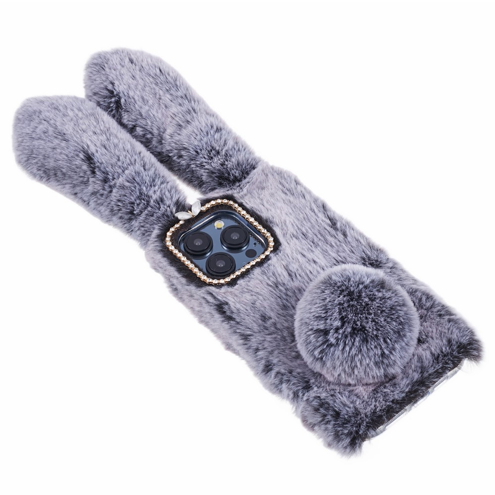 iPhone 15 Pro 3D Gummi Plüsch Case Hülle Bunny mit Flauschigen Hasenohren - Grau