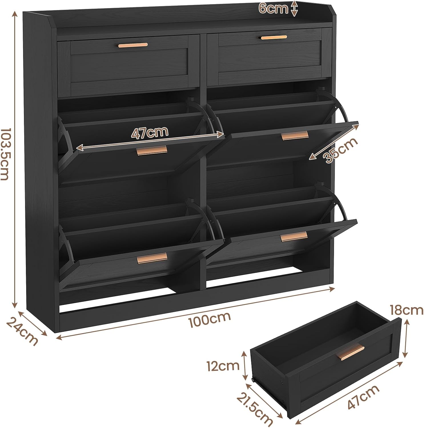 Meuble Chaussure Entrée, Porte Chaussures avec 4 Tiroirs Rabattables et Cloisons Réglables, 2 Tiroirs, Pour 16-24 Paires, Armoire à Chaussure pour Entrée, Couloir, Dressing, 24 x 100 x103 cm, Noir IB1609327