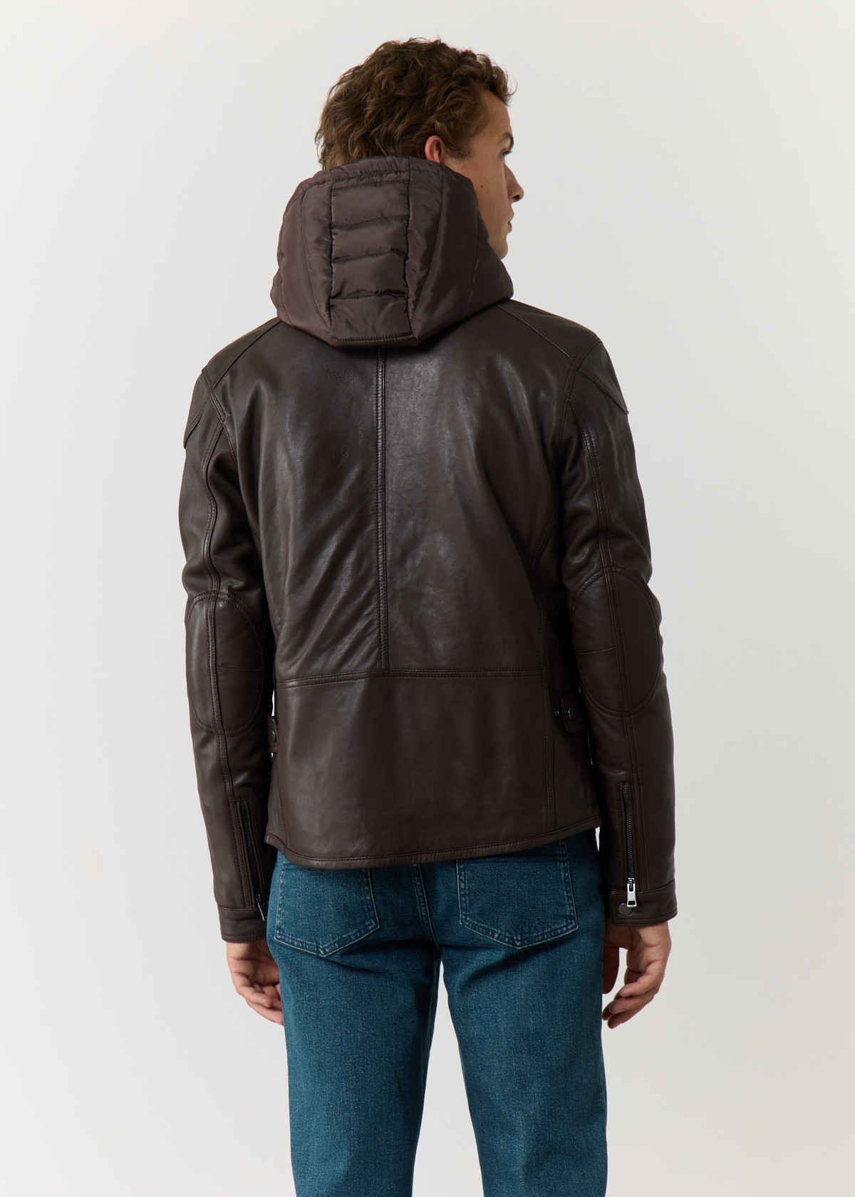 Blouson en cuir uni chocolat à capuche amovible