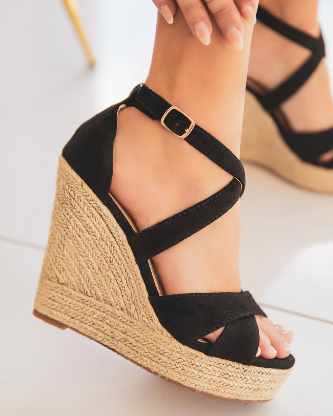 Sandale femme talon compensé daim noir - Charlotte