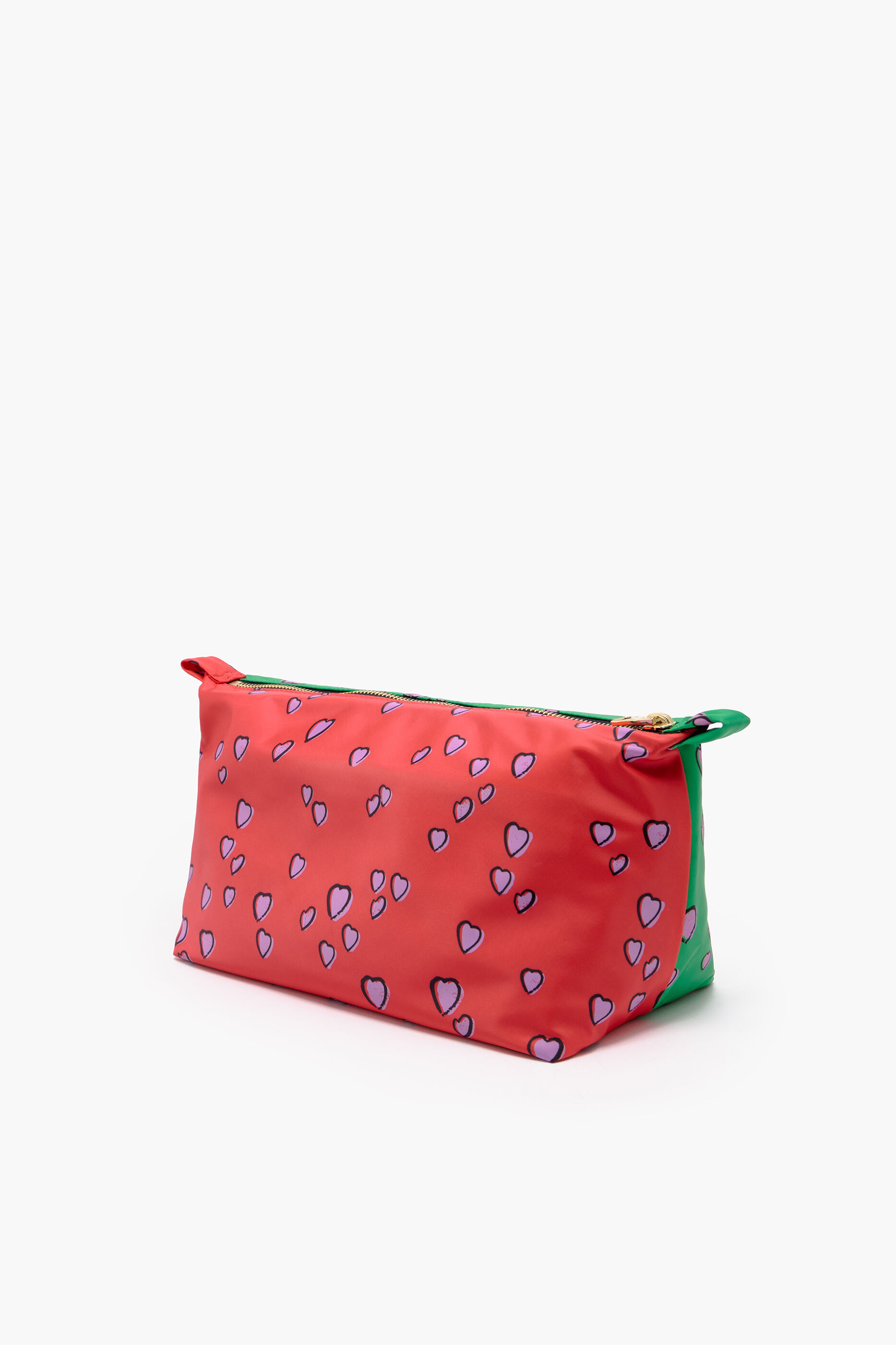 Nécessaire trapezoidal tamanho G, estampa de corações pequenos, verde
