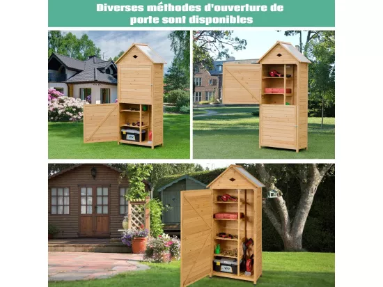 Abri de Jardin Extérieur en Bois de Sapin à 5 Etagères, 70 x 35,5 x 176 CM, Cabane de Rangement Verrouillable pour Outils de Jardin avec 5 Etagères, Tôle Galvanisé