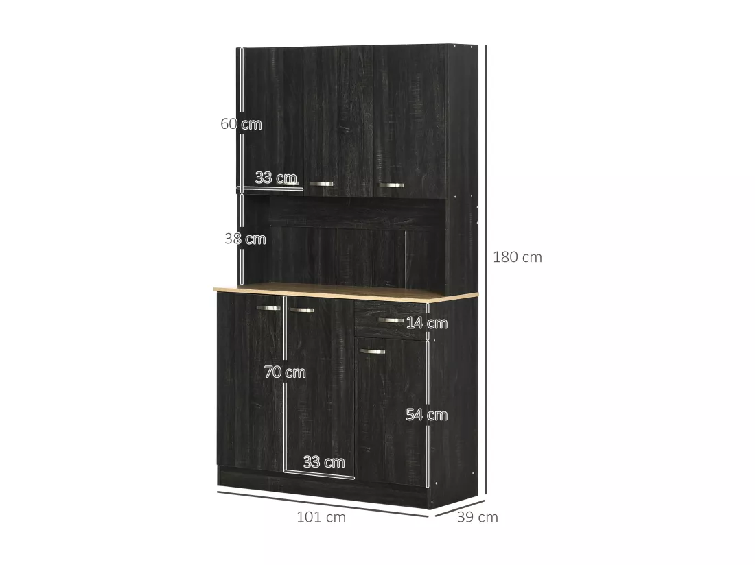 Armoire de cuisine contemporaine multi-rangement 6 portes 1 tiroir + grand plateau dim. 101L x 39l x 180H cm panneaux particules bois noir
