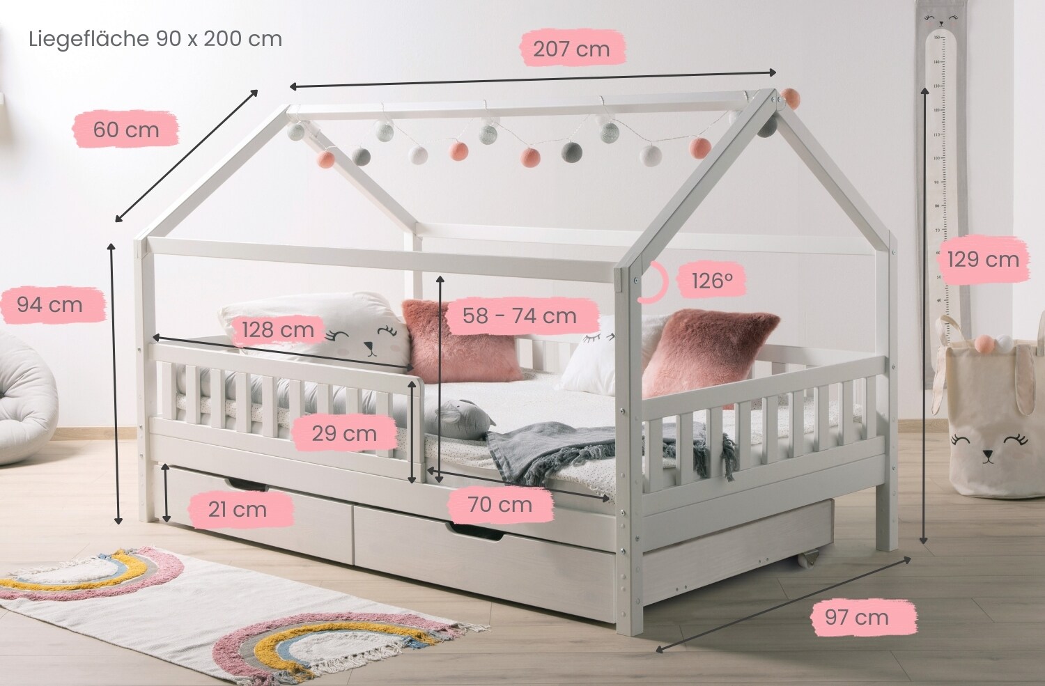 TiCAA TiCAA Kinderbett Hausbett mit Tüll Kim 90x200 cm, 100x200 cm, 120x200 cm, 140x200 cm für Jungen & Mädchen, inkl. Rolllattenrost, Schubkasten und Rausfallschutz variabel, Montessori Bett Weiß aus Kiefer Massivholz