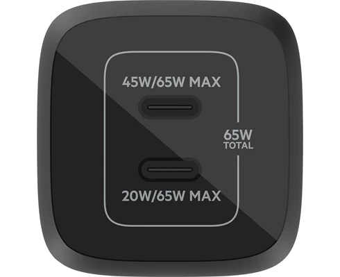 Belkin 65W GaN Dual PD/PPS mini snabbladdare för laptop, mobil, sufplatta Svart