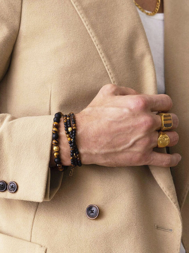 Nialaya The Mykonos Collection - Brown Tiger Eye, Matte Onyx and Gold Plating Multi