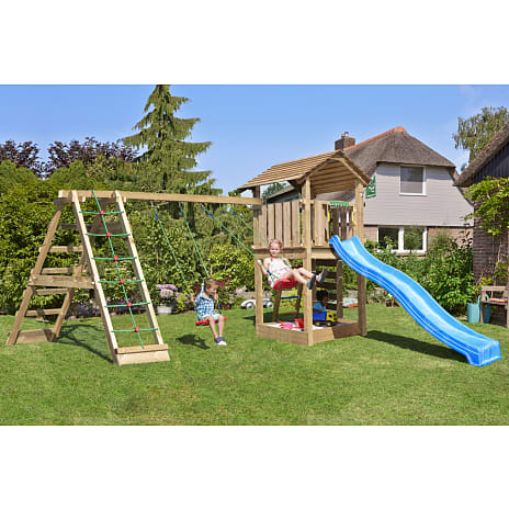 Jungle Gym Cottage 2.1 legetårn inkl. klatrevæg, rutsjebane og 120 kg sand
