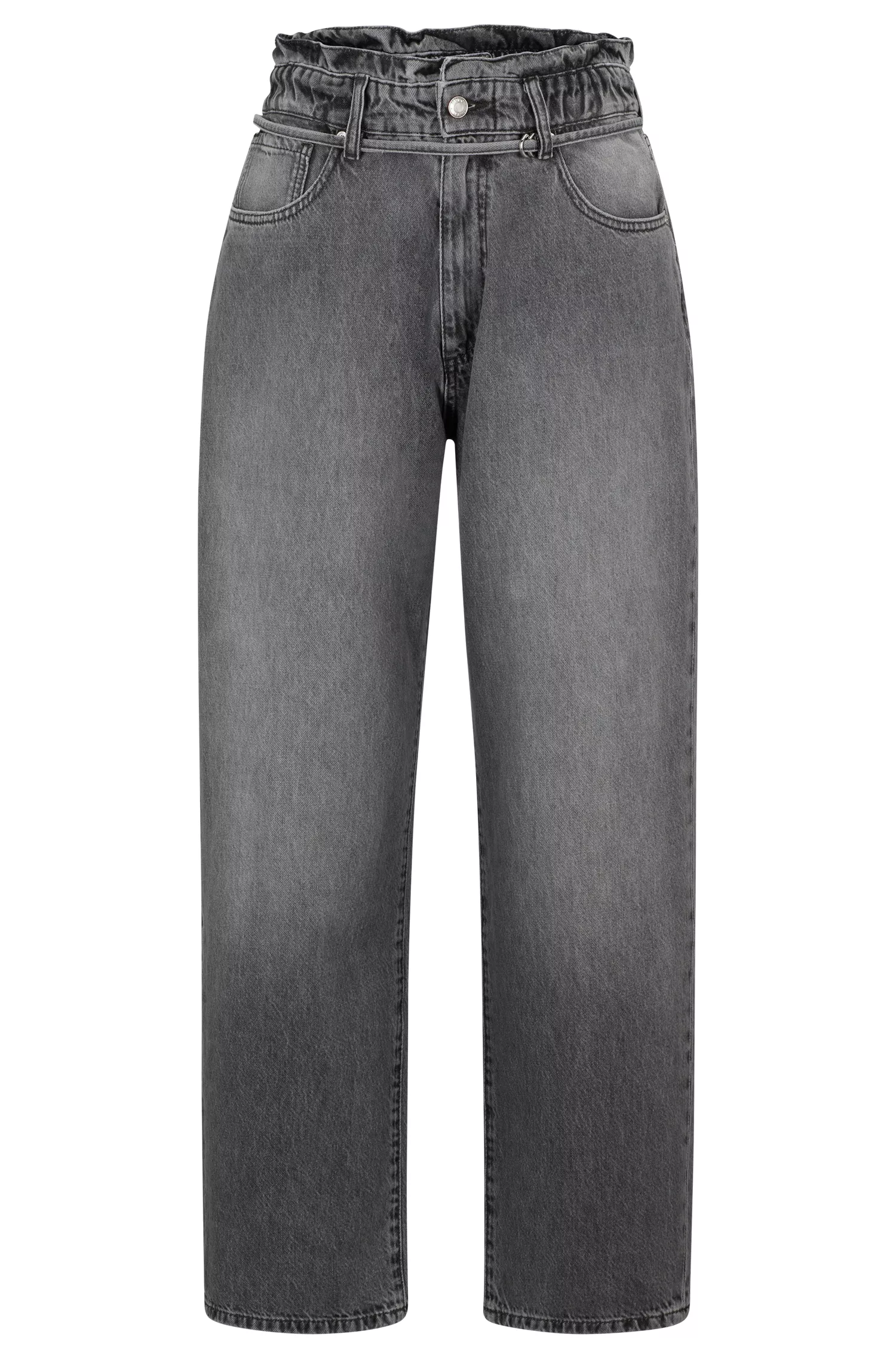 Calça jeans HUGO vermelha, modelagem relaxada e estilo paperbag, em denim rígido preto.