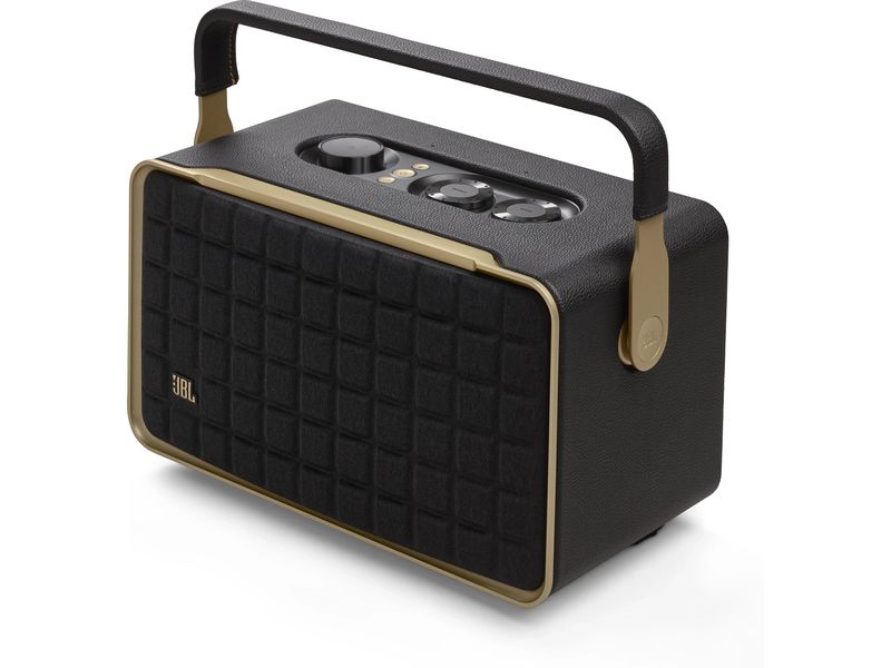 JBL Bluetooth Speaker Authentics 300 Schwarz Tragbarer Smart-Home-Lautsprecher mit WLAN, Bluetooth und Sprachassistent im Retro-Design
