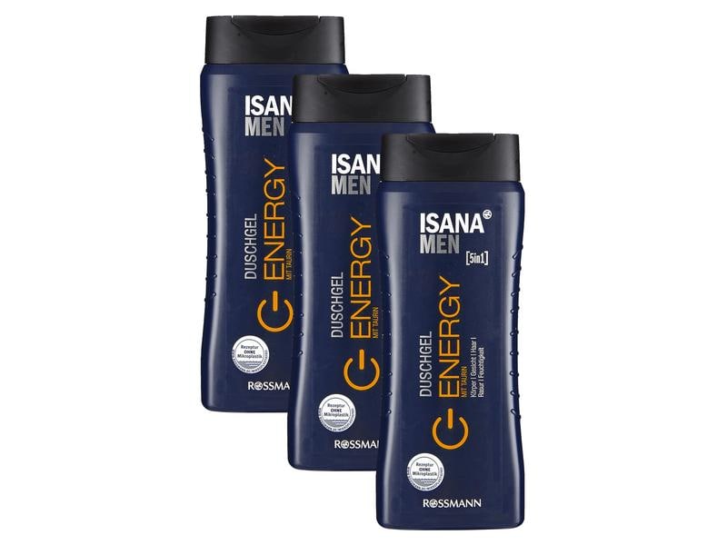 Isana men Duschgel Men Energy 3 x 300 ml Wirksames Duschmittel 5in1 mit Taurin