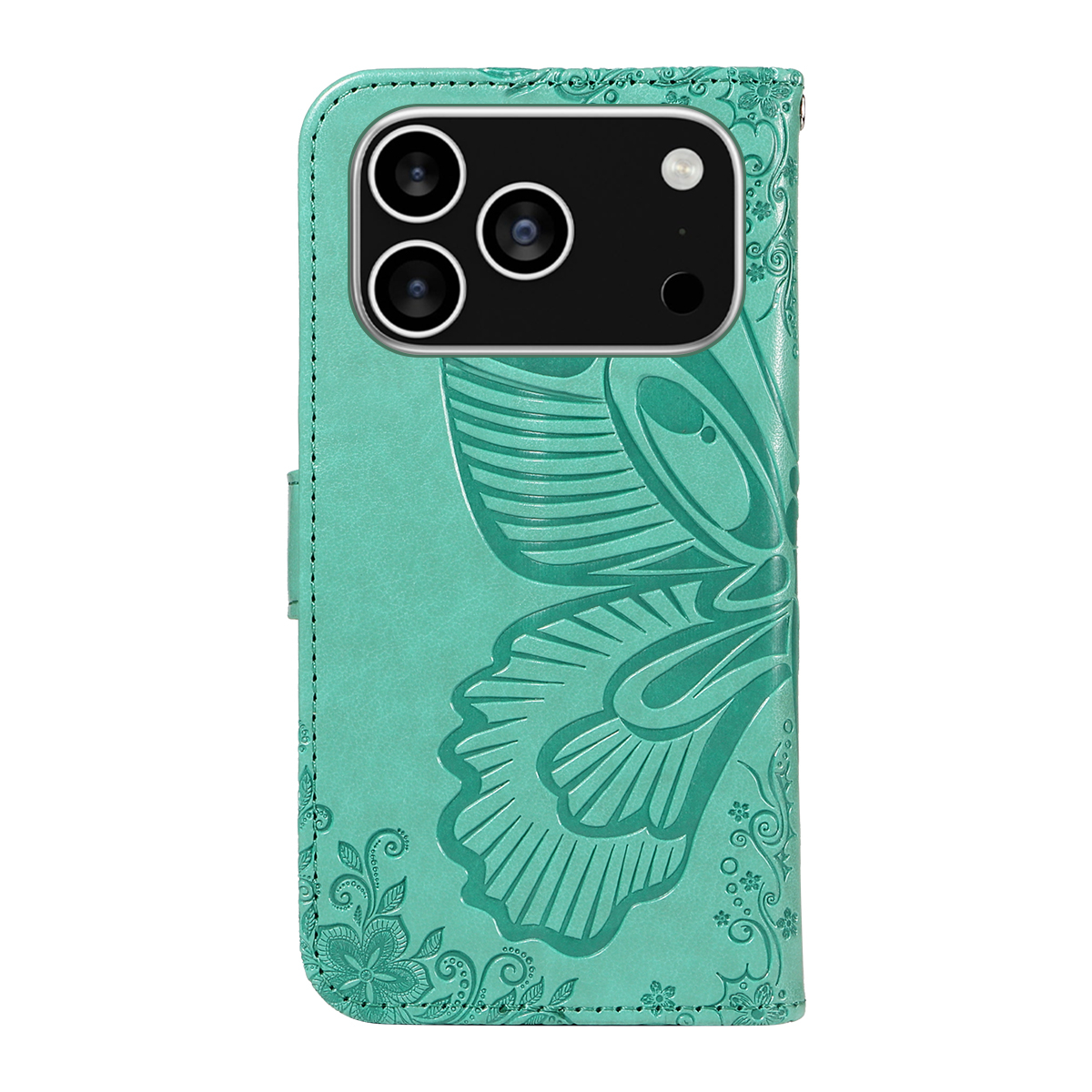 iPhone 17 Pro Leder Tasche Flip Cover Schmetterlinge Imprint - Türkis