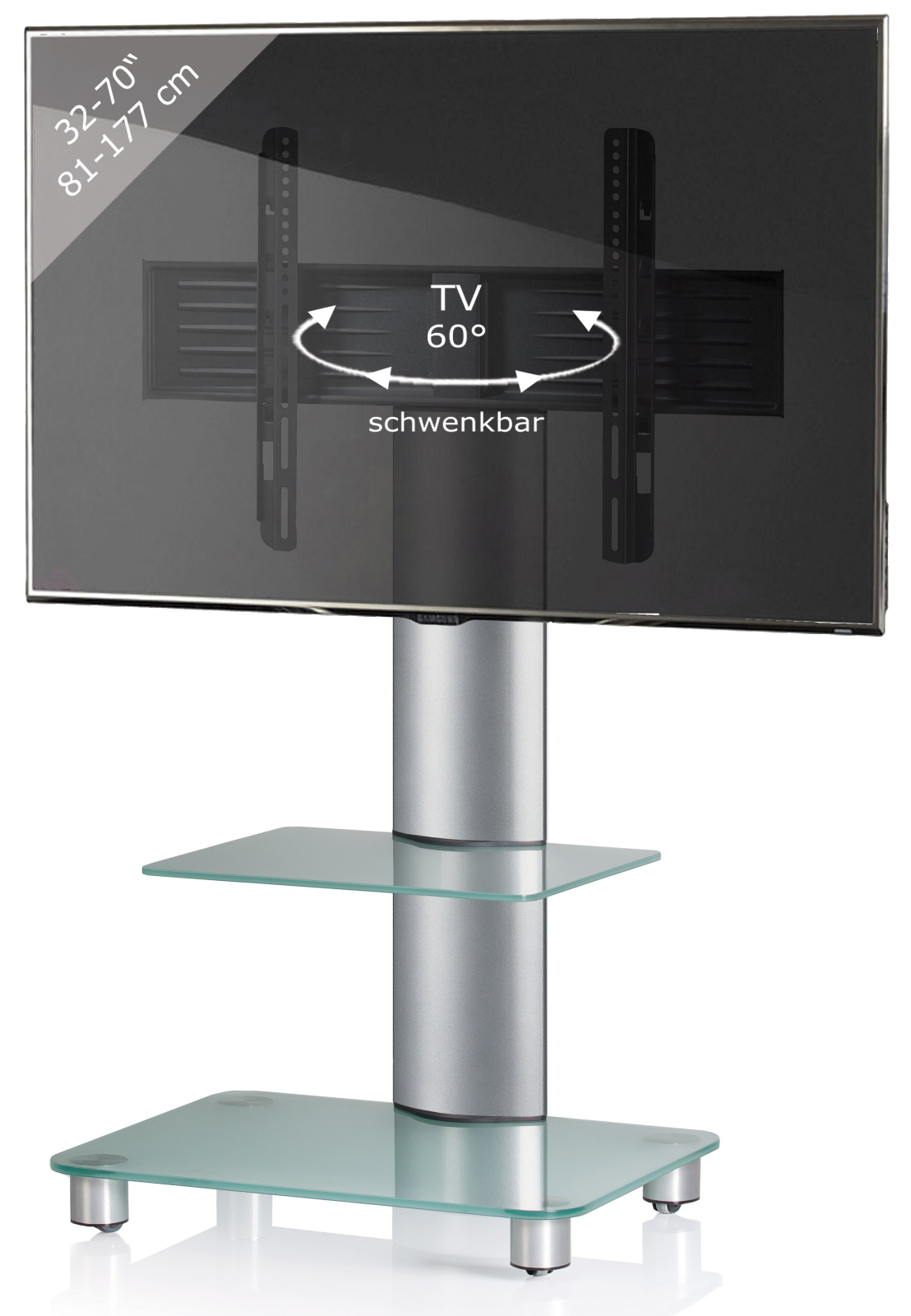 TV-Rack - silber - Mattglas - mit Zwischenboden - für 32-70 Zoll - 60 cm breit