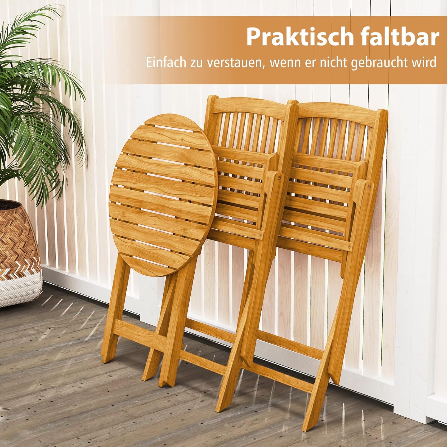 COSTWAY 3tlg. Balkonmöbel Set, Bistrotisch mit 2 Stühlen, klappbares Balkonset aus Akazienholz mit 2 Kissen, Bistroset, Gartengarnitur, Gartenmöbel, Sitzgarnitur, Sitzgruppe für Garten, Balkon (Beige)
