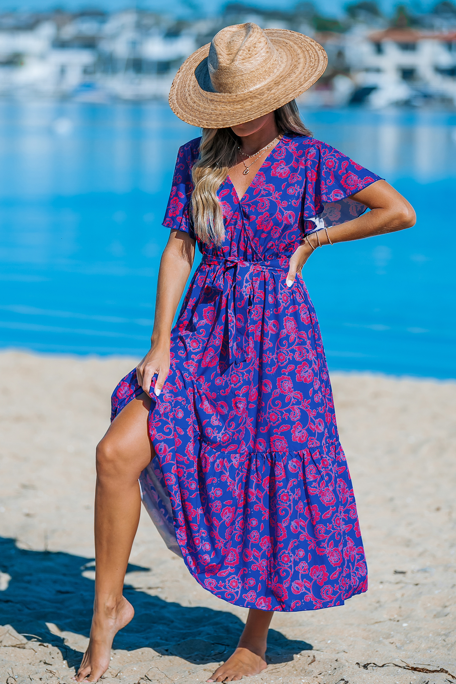 Robe maxi en dentelle à col en V et imprimé floral