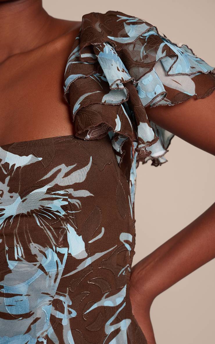 Bleu Robe Courte Droite À Encolure Carrée En Mousseline Dévorée À Motif Floral