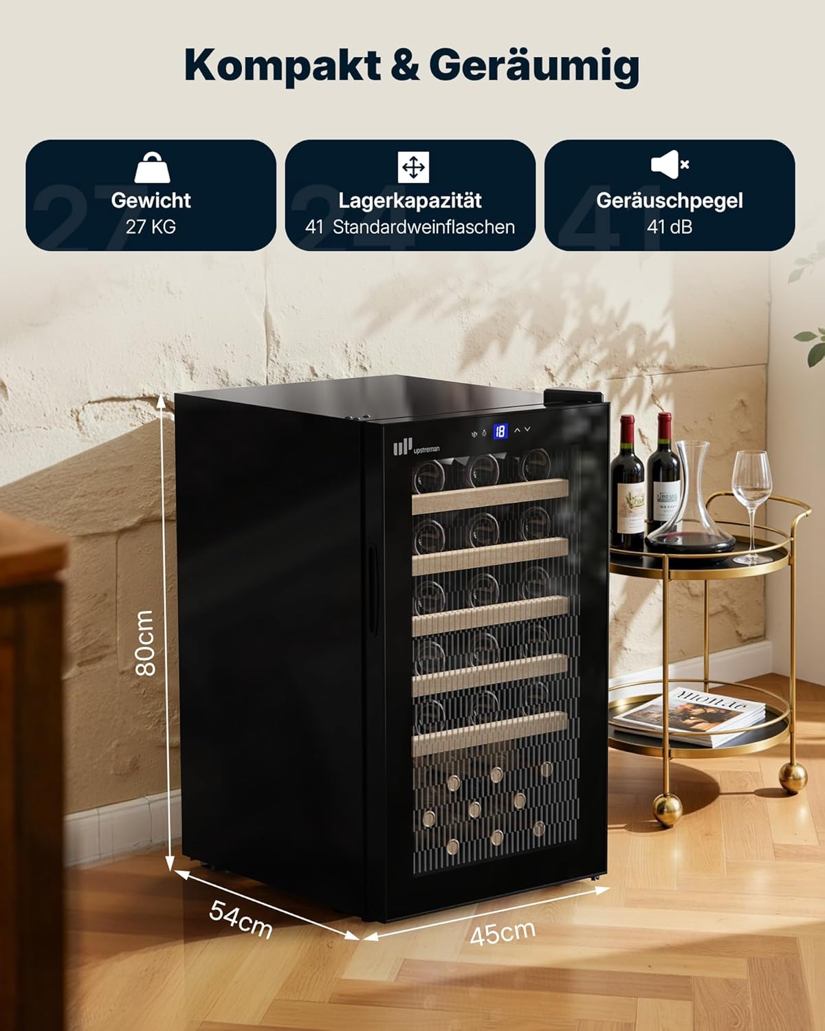Upstreman 95L Weinkühlschrank mit Vollglas-Tür – Kapazität max. 41 Flaschen, 5°C - 20°C einstellbar, mit Doppelverglasung, Touch-Display, LED-Beleuchtung, 5 Einlegeböden, W41-Schwarz