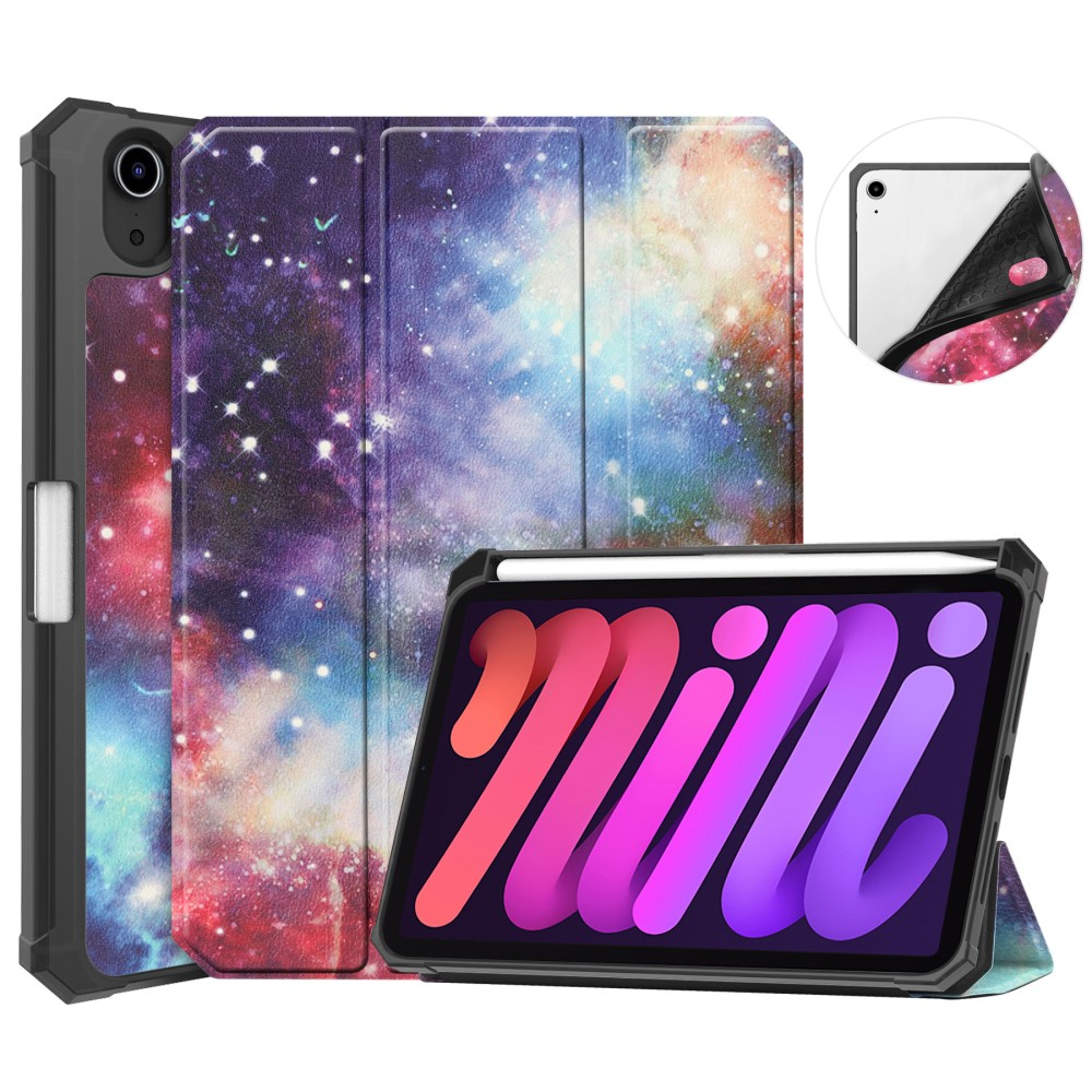 iPad Mini 7 (2024) / Mini 6 (2021) Leder Tasche Smart Cover Schutzhülle   Apple Pencil Halterung - Galaxie