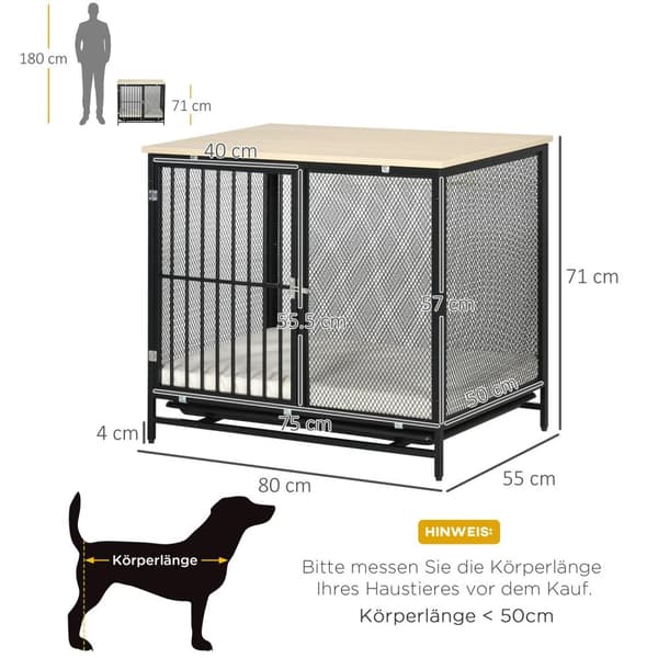 Hundebur, hundehus med bordplate, hundehus med pute, uttrekkbart gulvbrett, hundeboks, eik + svart, 80 x 55 x 71 cm