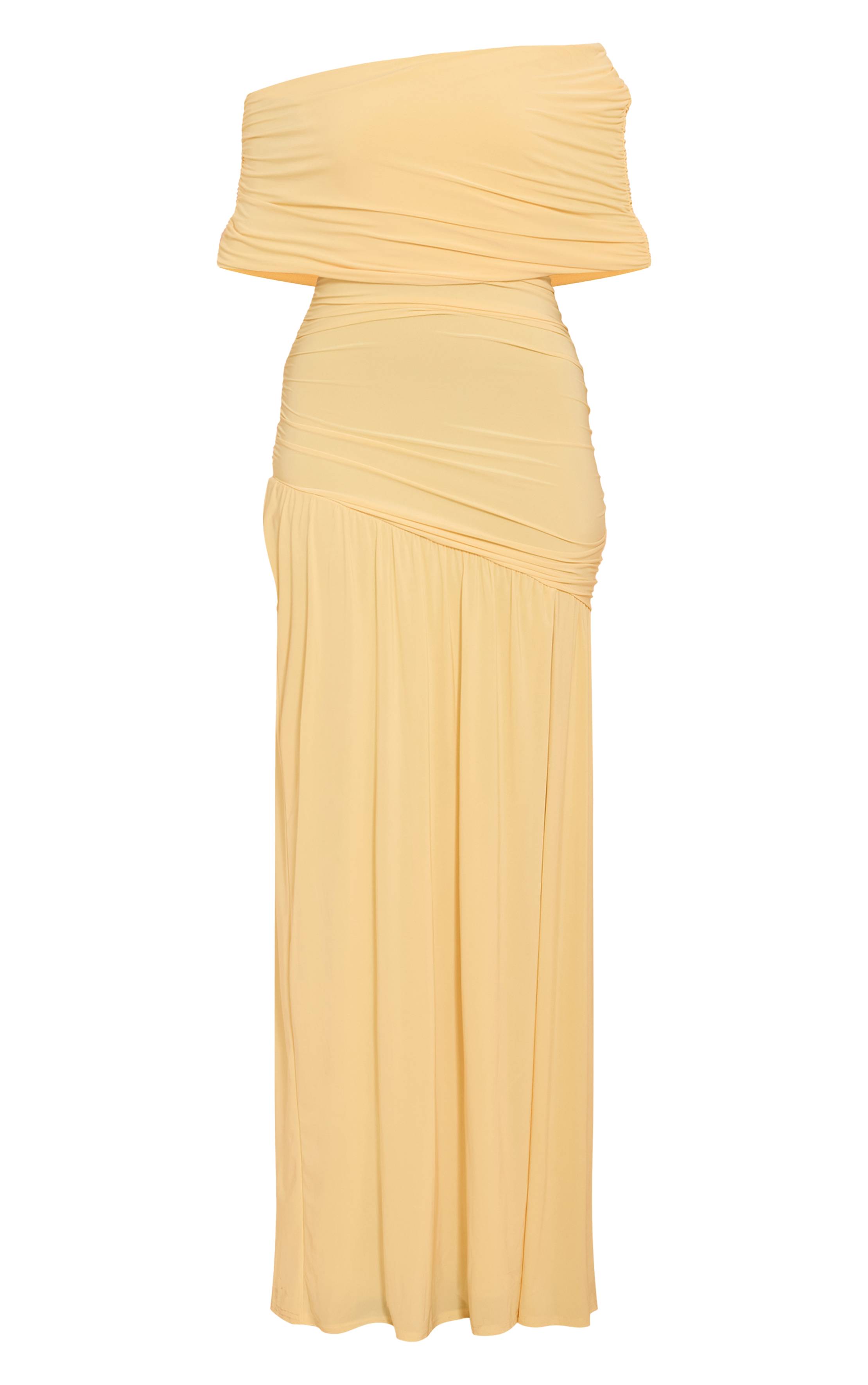 Citron Robe Longue Froncée À Double Couche Slinky Bardot Asymétrique