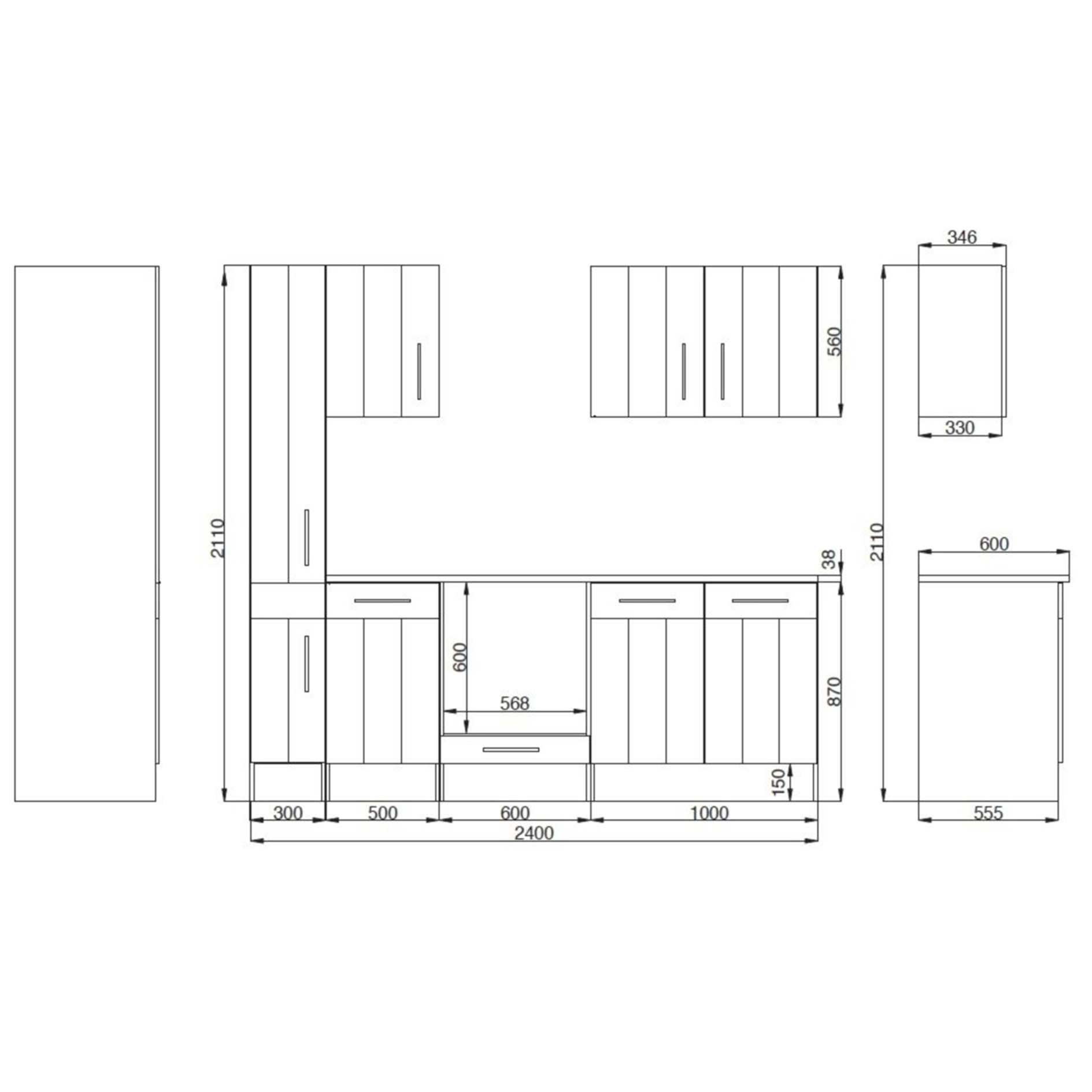 RESPEKTA Küchenblock - Lärche weiß - mit E-Geräten - 240 cm