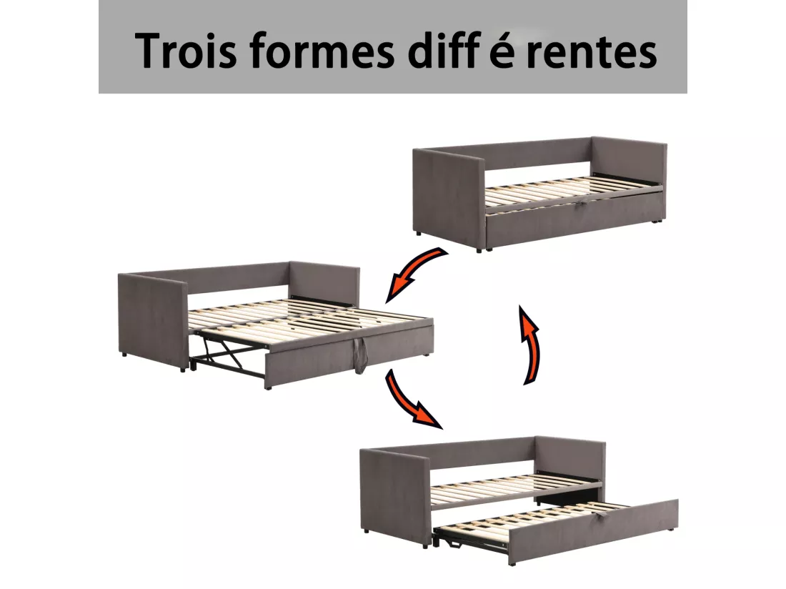 Canapé-lit gigogne 90/180*200 cm avec sommier à lattes tissu velours doux pour la peau gris