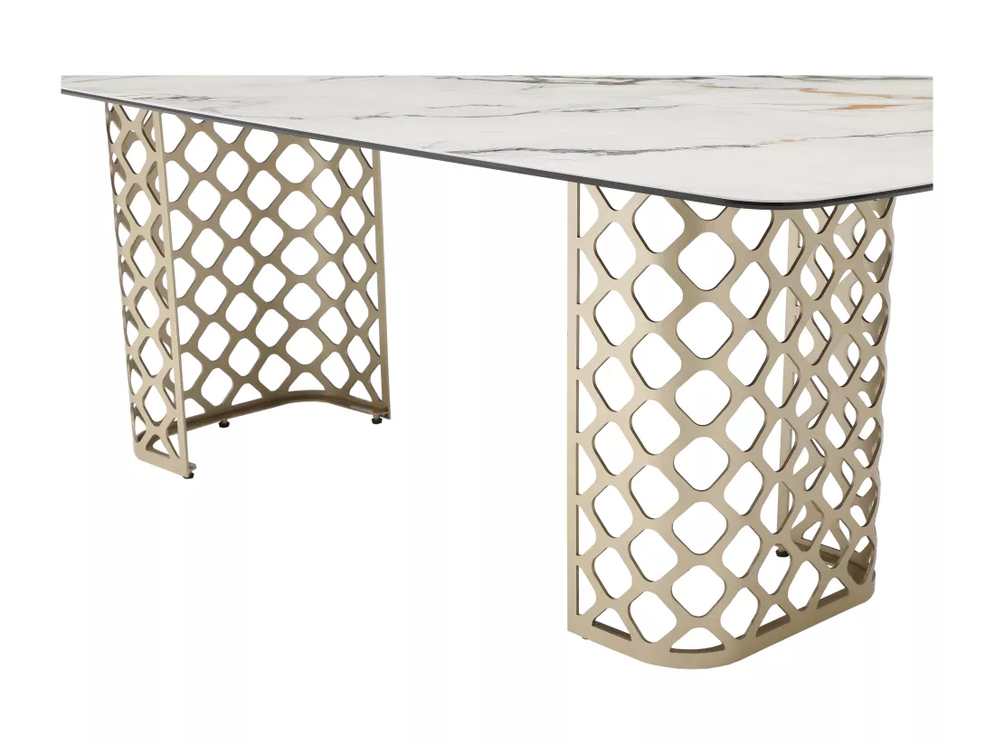 Table à manger 8 personnes en verre trempé et céramique - Effet marbre blanc et doré - GOLDENA