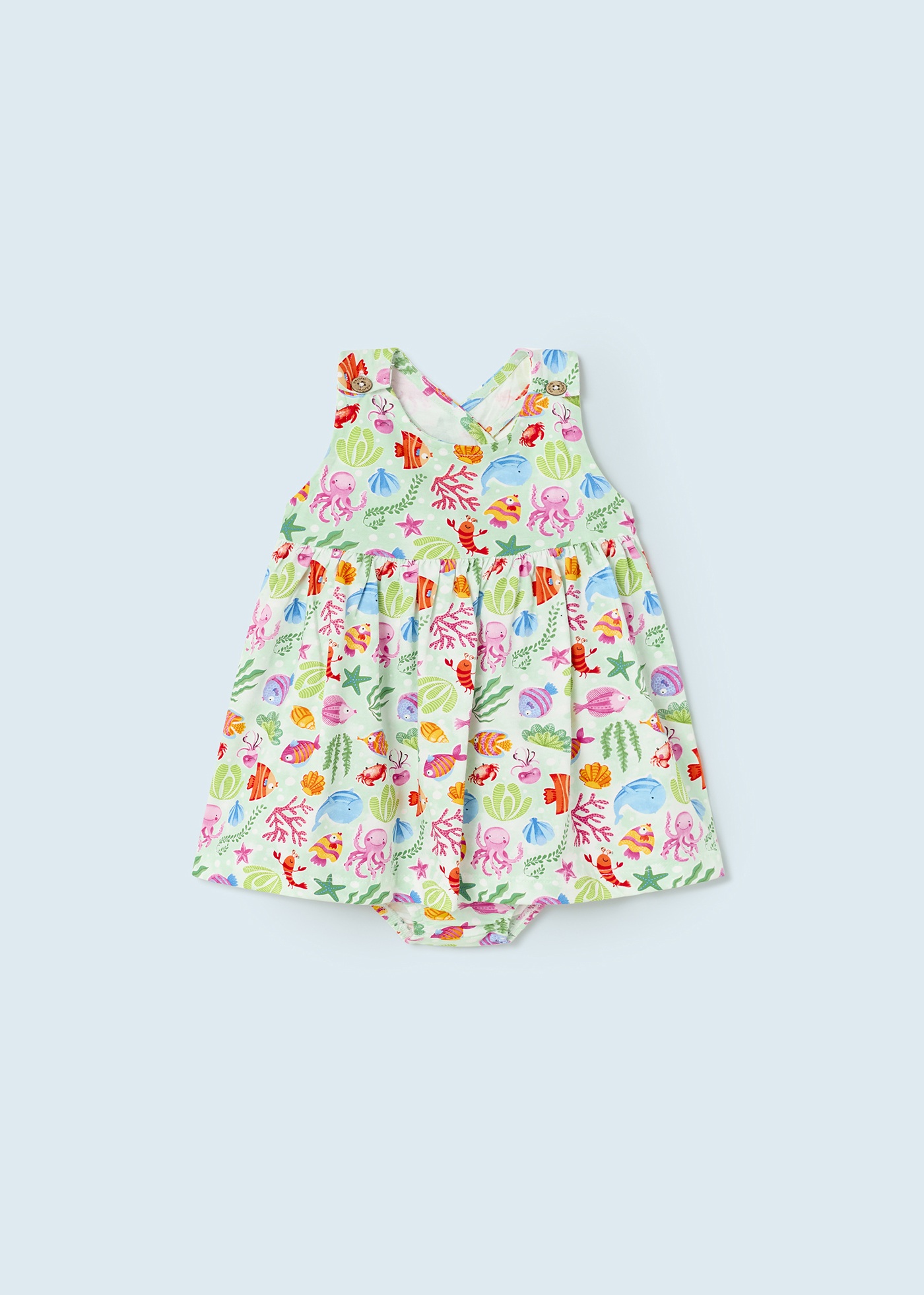 Vestido estampado com capa de fralda de algodão sustentável para bebê