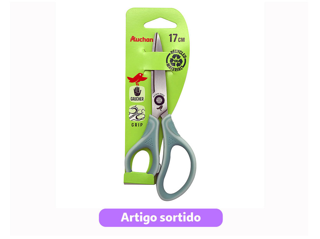 TESOURA PARA ESQUERDINOS AUCHAN 17CM BI-MATERIAL CORES SORTIDAS