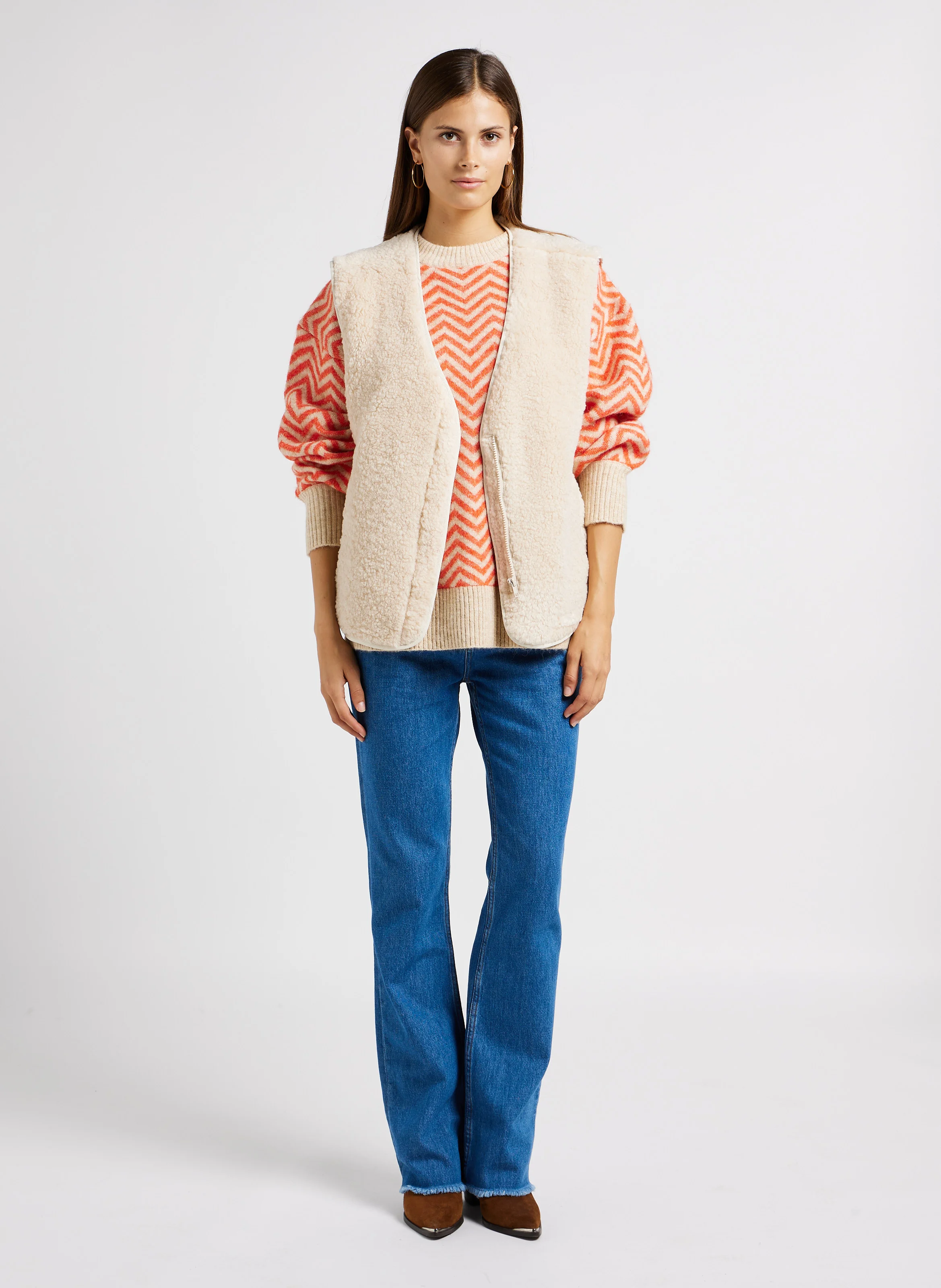 LUCIA - Pull ample col rond motif zigzag en maille mélangée | Beige
