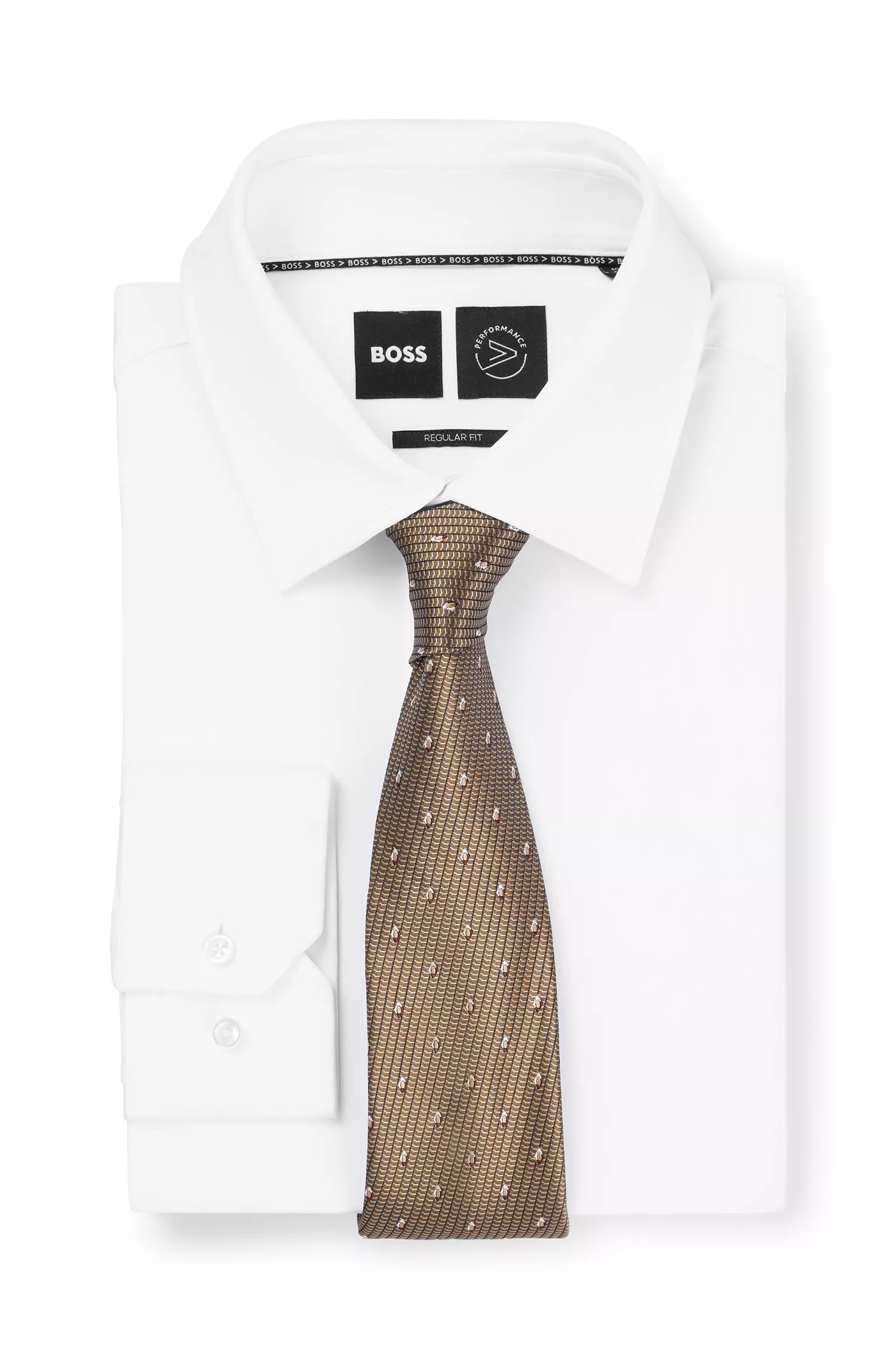Gravata BOSS em jacquard de seda cor camelo com estampa moderna.