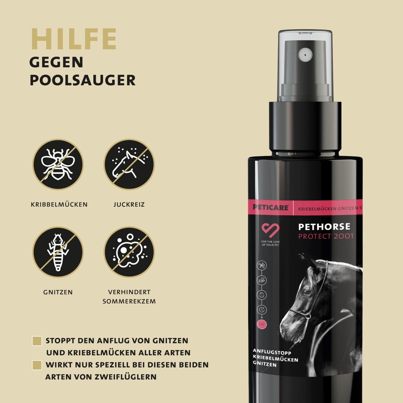 Peticare Anti-Kriebelmücken Gnitzen Spray für Pferde, Sommerekzem vorbeugen 100 ml