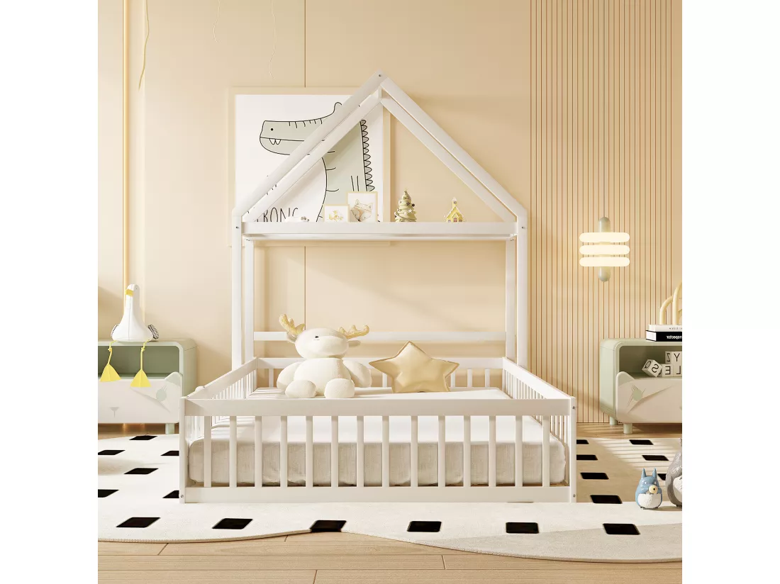 Lit enfant cabane 140x200cm en bois massif - avec tringle à vêtements - Blanc