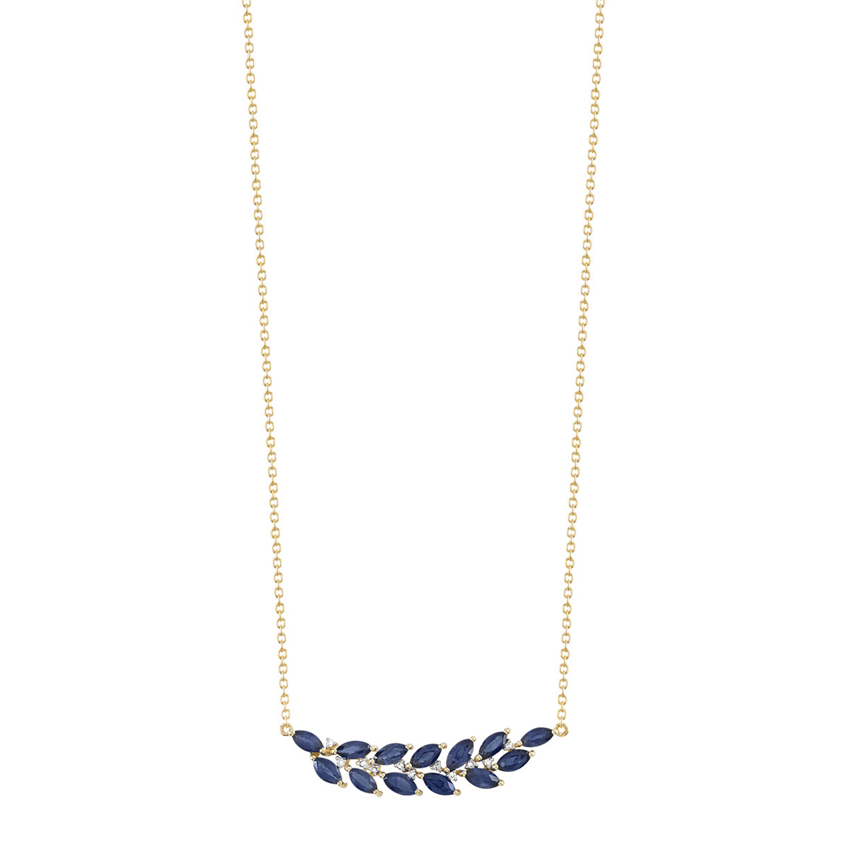 Collier or 375 2 tons feuille de laurier saphirs et diamants 45 cm
