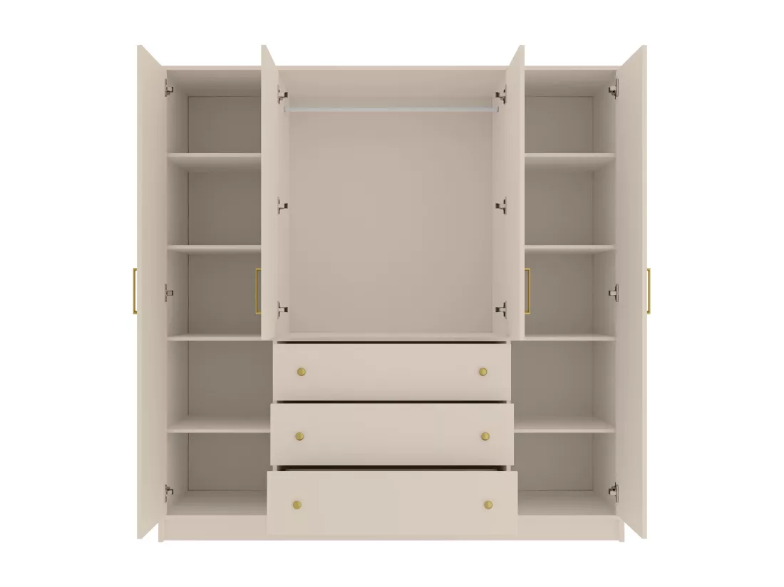 Armoire 4 portes et 3 tiroirs - Avec miroirs - L196 cm - Beige et doré - LIZANDRO