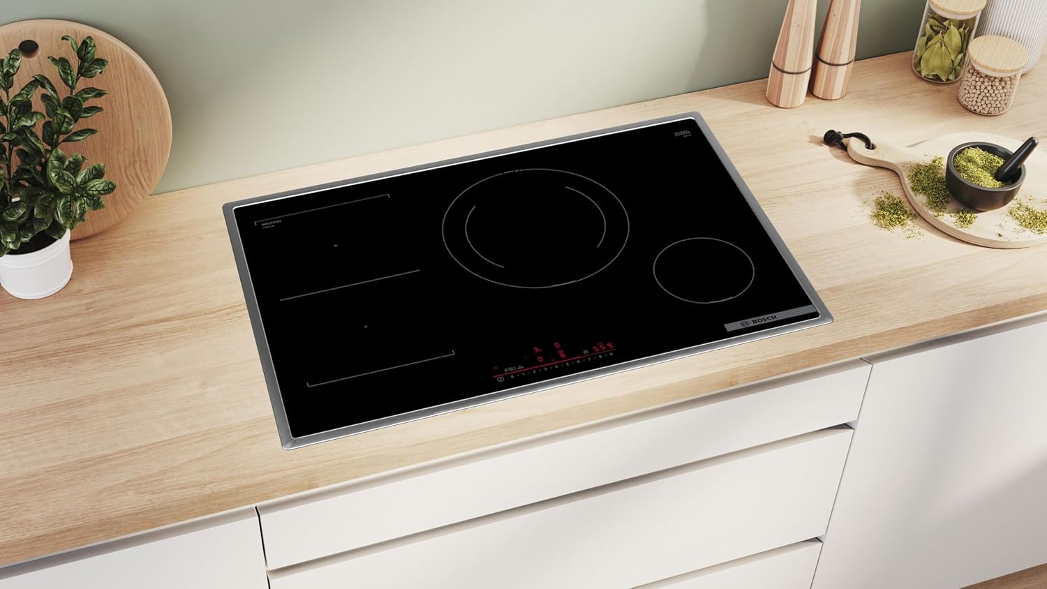 Bosch PVS845HB1E Serie 6 Smartes Induktionskochfeld (autark), 80 cm breit, Kombination zweier Kochzonen, 28 cm große Induktions-Kochzone, Umlaufender Rahmen, Kochfeldbasierte Haubensteuerung