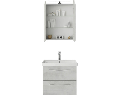 3-delige badkamermeubelset Pelipal serie 4035 BxHxD 60 x 200 x 45 cm, fronten grijs, met witte keramische wastafel en keramische spoelbak, badmeubel, spiegelkast met LED-verlichting, chromen greep, 40350600111030