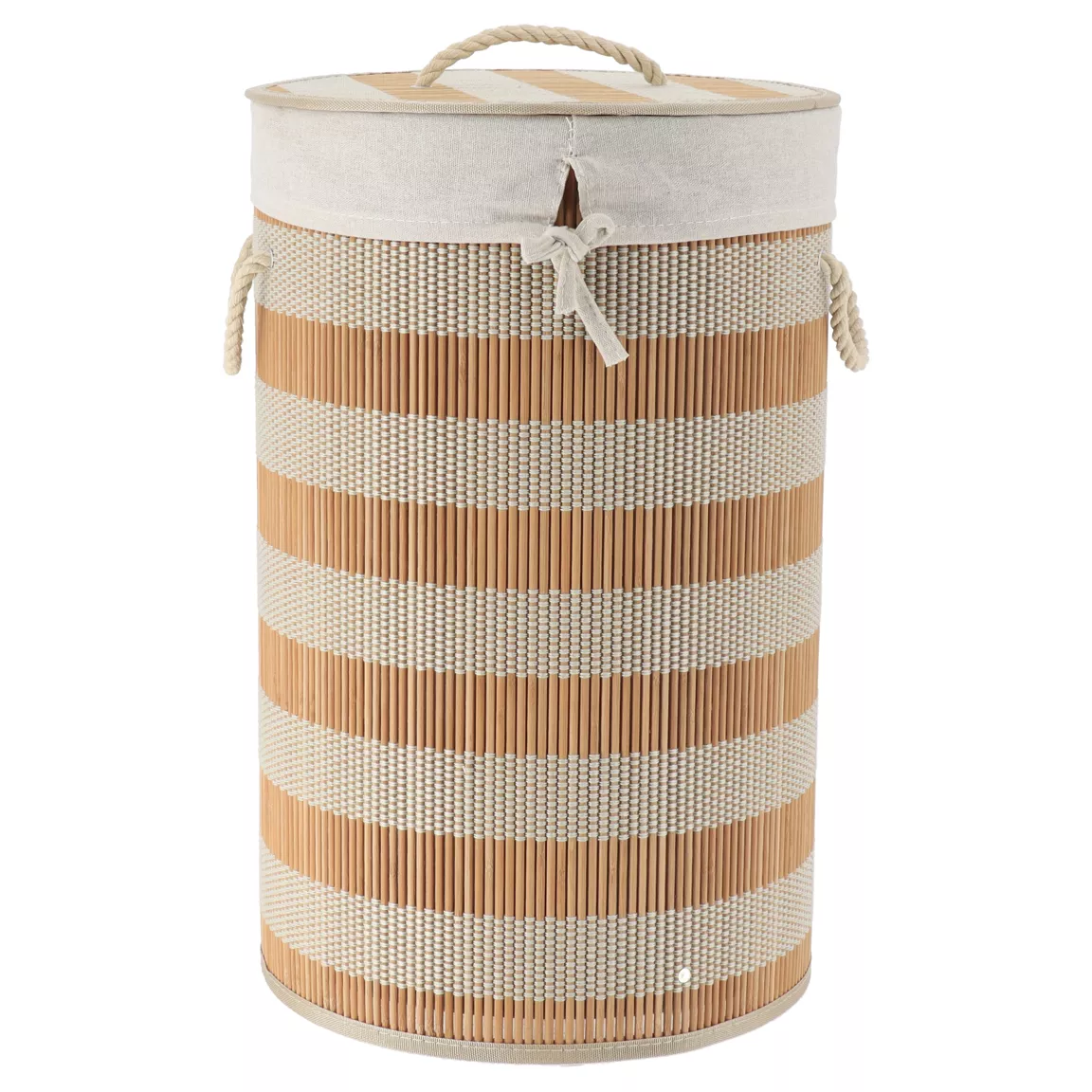 Panier à linge rond et pliable (H55 cm) Bambou Naturel et beige