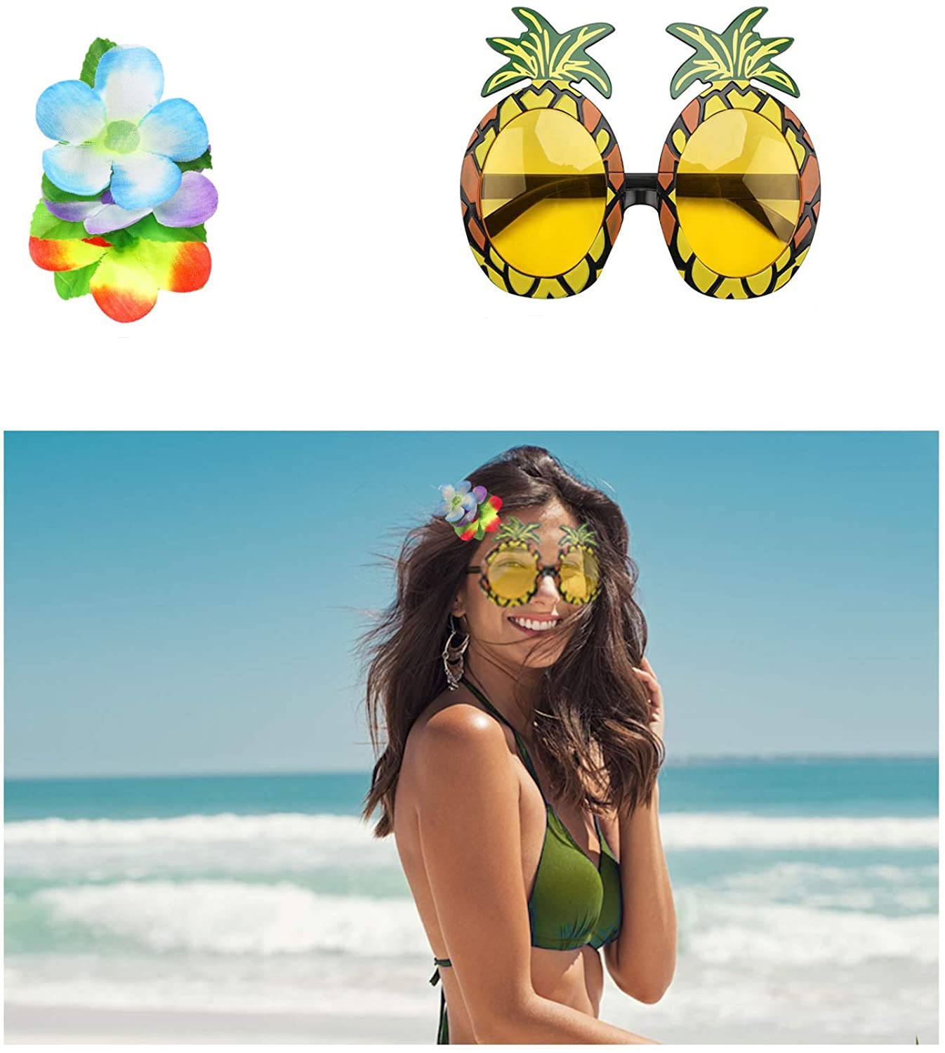 (8-tlg. Set) Fasnachts Erwachsenen Kostüm Hawaii Blumen Hula Rock Verkleidung für Sommer Motto Partys inkl. Brille - Gelb / Rot