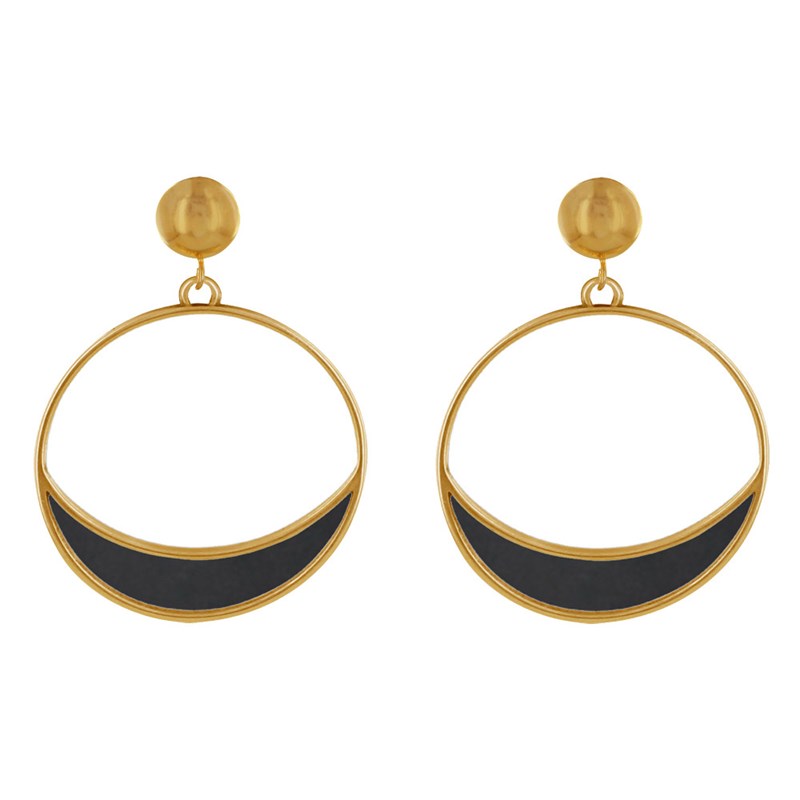 Boucles d'Oreilles Clous Métal Doré Cercle et Croissant de Lune Translucide Coloré