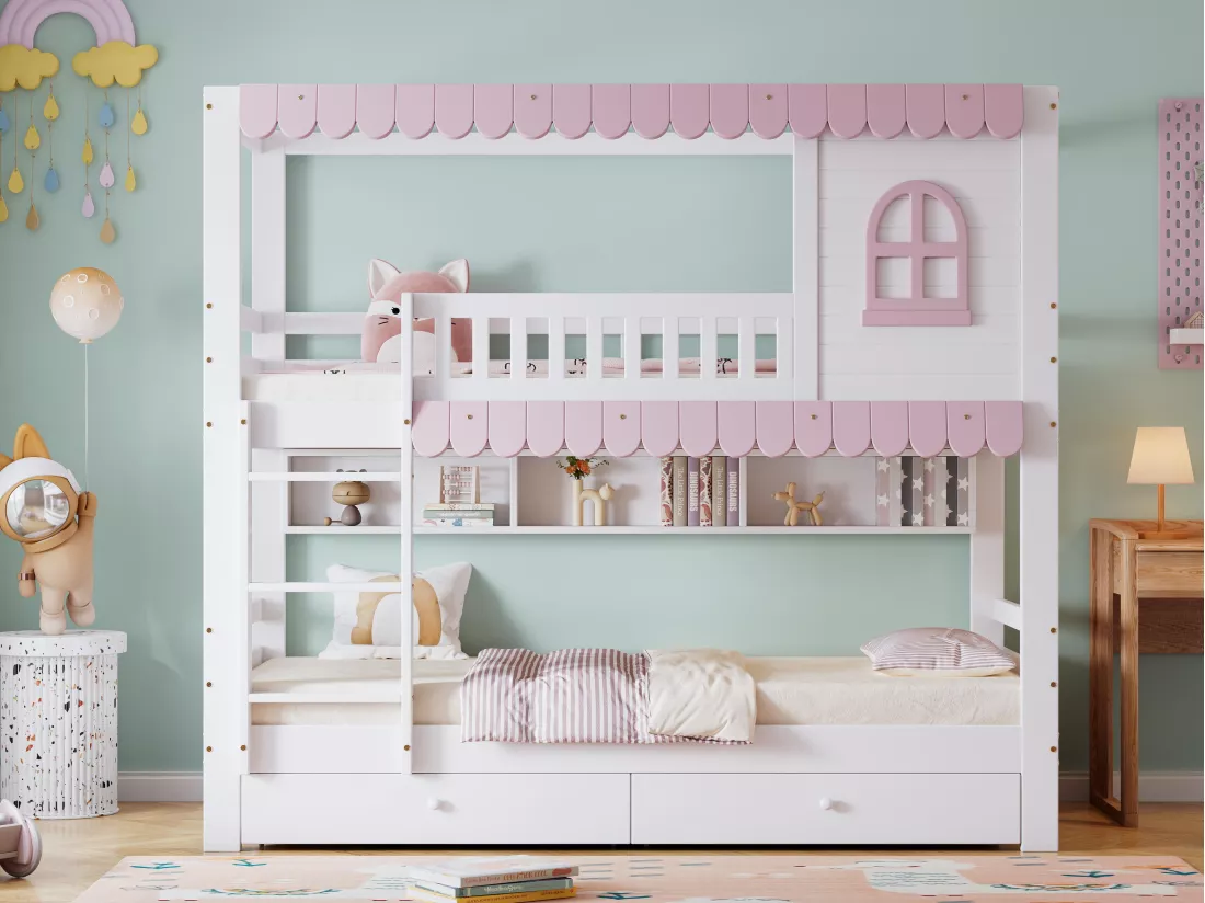 Lit superposé en bois - 90x200 cm - avec 2 tiroirs et étagères - Blanc & Rose (sans rideaux)