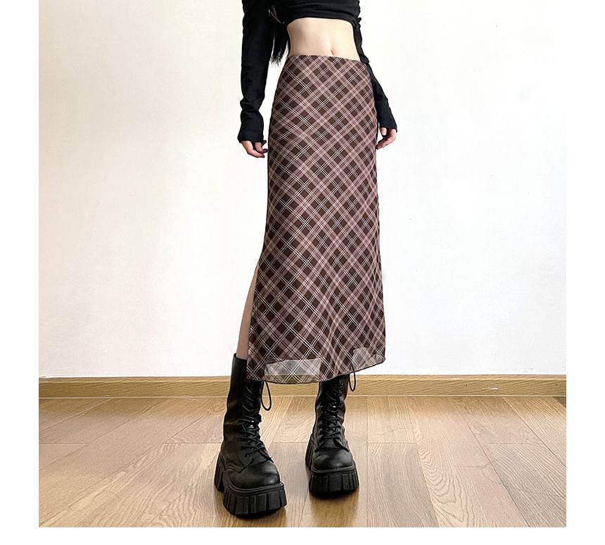 SisLinda - Midi A-lijn rok met geruite midi-rok met middelhoge taille